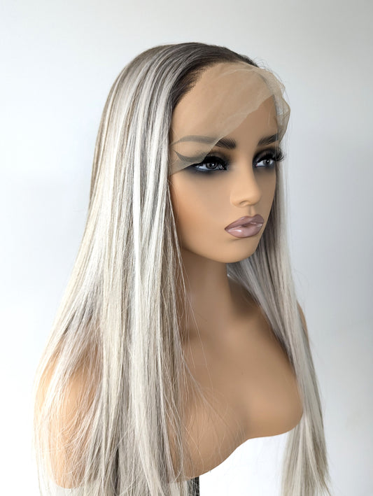 ABBIE Lace Front Synthetic Platinum Blonde with Brown Lowlights