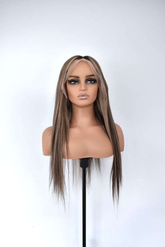 BILLIE Lace Front Human Hair 22" Ash Brown with Highlights RTS