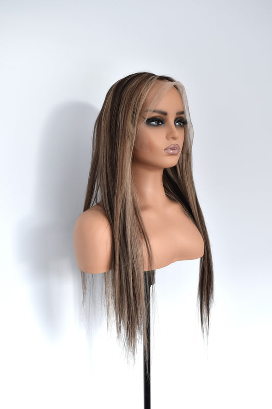 BILLIE Lace Front Human Hair 22" Ash Brown with Highlights RTS