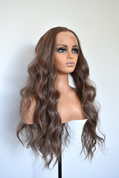 REMI Lace Front Synthetic Chocolate Brown with Highlights