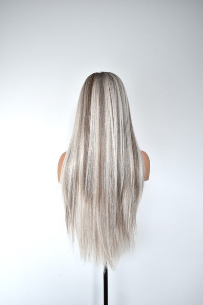 ABBIE Lace Front Synthetic Platinum Blonde with Brown Lowlights