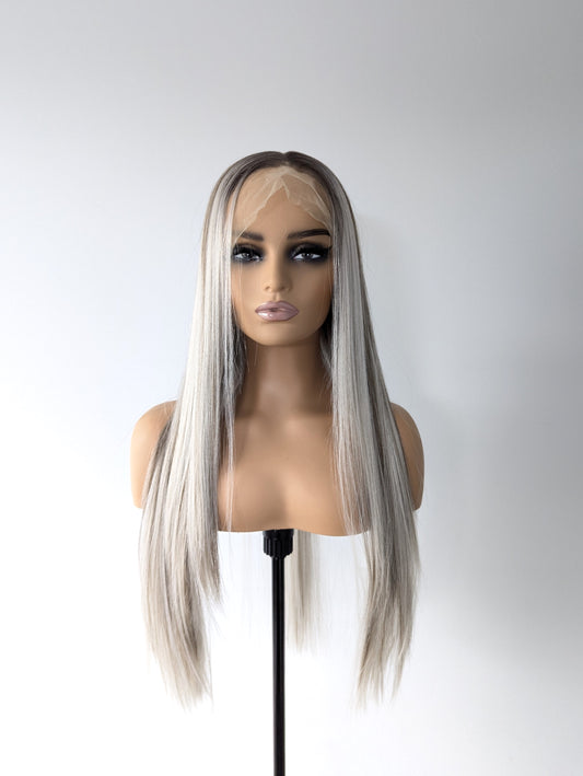 ABBIE Lace Front Synthetic Platinum Blonde with Brown Lowlights